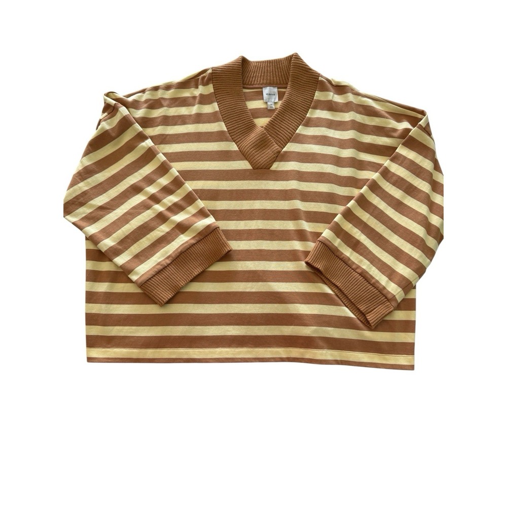 Maeve Anthopologie V Neck Pullover Top Striped Boxy Sz 3X Brown/Cream Laganlook